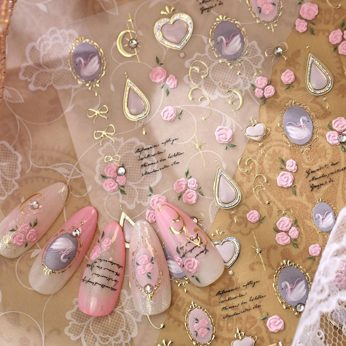 5D French Vintage Nail Stickers – Swan Rose Gem Gold Decals Nail Art Stickers QXL
