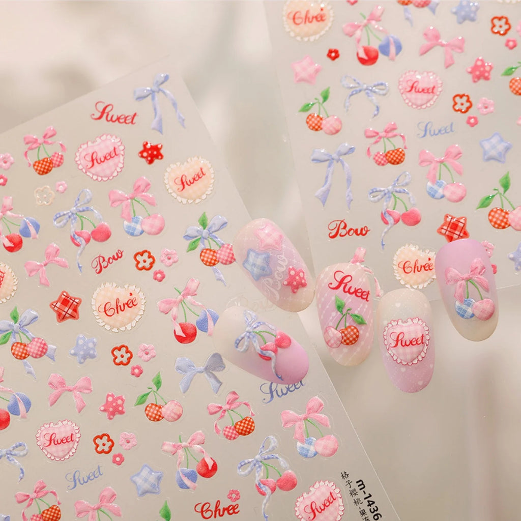 5D Retro French Nail Art Stickers – Cherry, Bow & Lace Decals Nail Art Stickers QXL