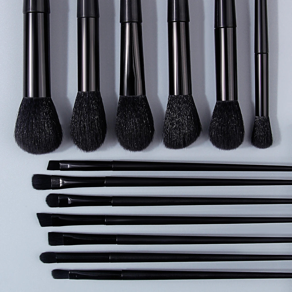 KOSSHOW 15-Pc Black Makeup Brush Set with PU Bag & Puff Makeup Brush Set QXL