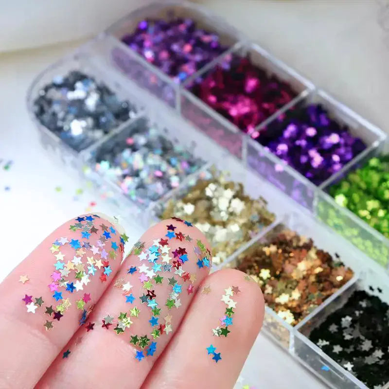 12-Grid Star Nail Glitter Sequins | Holographic 2mm Pentagram Flakes Nail Glitter Sequins QXL
