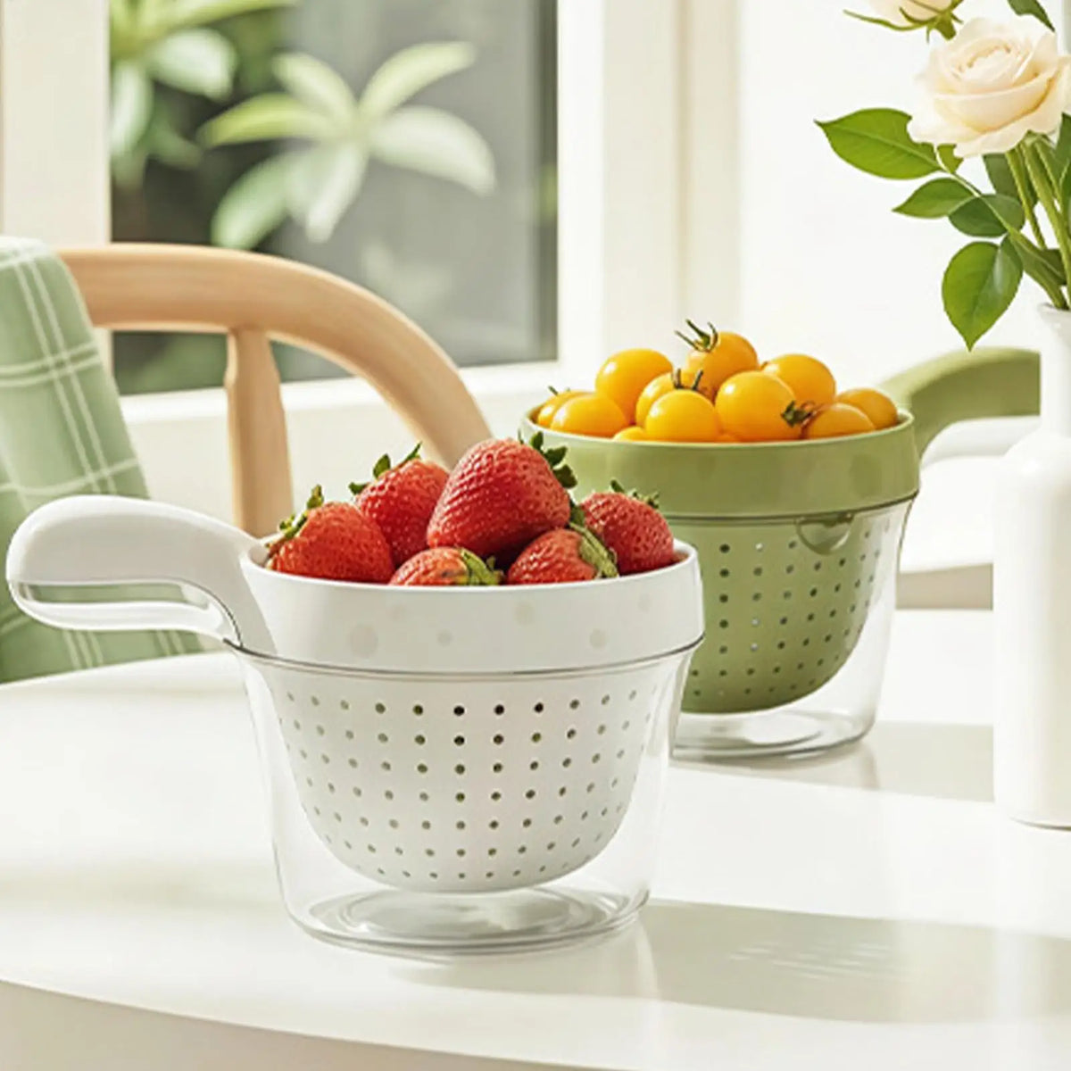 Double-Layer Colander Bowl Set | Vegetable & Fruit Strainer Colander Bowl Set QXL