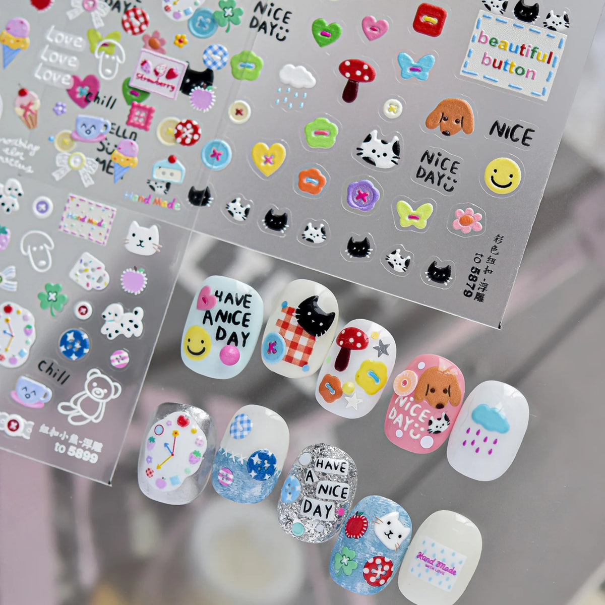 5D Cartoon Nail Stickers – Cat, Heart, Mushroom & Bow Decals Nail Art Stickers QXL