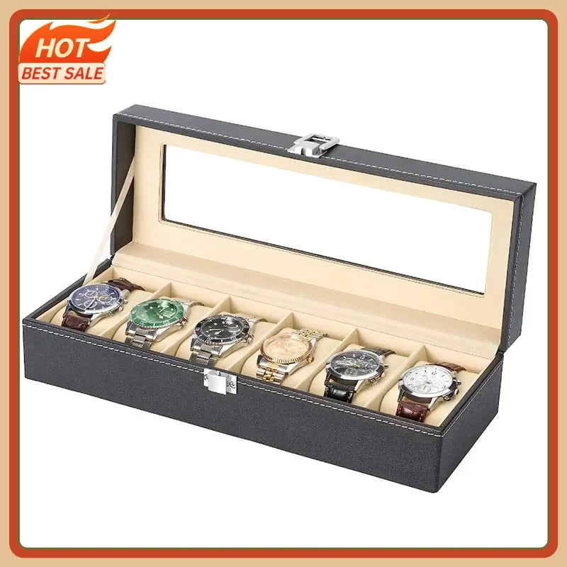 6/12 Slot PU Leather Watch Box with Glass Top Display Case Watch Display Box QXL
