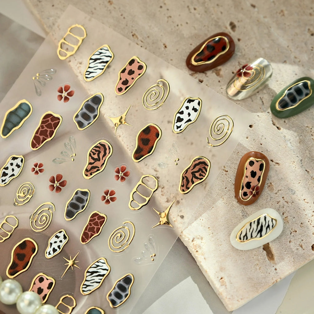 5D Retro Animal Skin Nail Stickers | Gold Border Star Flower Decals Nail Art Stickers QXL