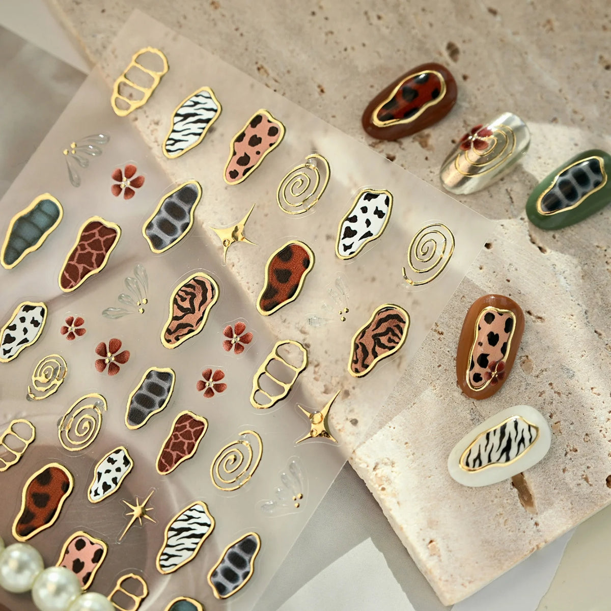 5D Retro Animal Skin Nail Stickers | Gold Border Star Flower Decals Nail Art Stickers QXL