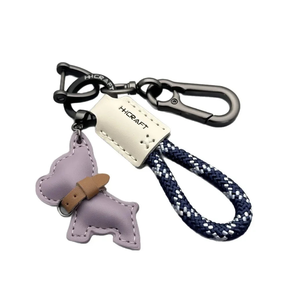 French Bulldog Genuine Leather Keychain with Braided Rope Novelty Keychain QXL