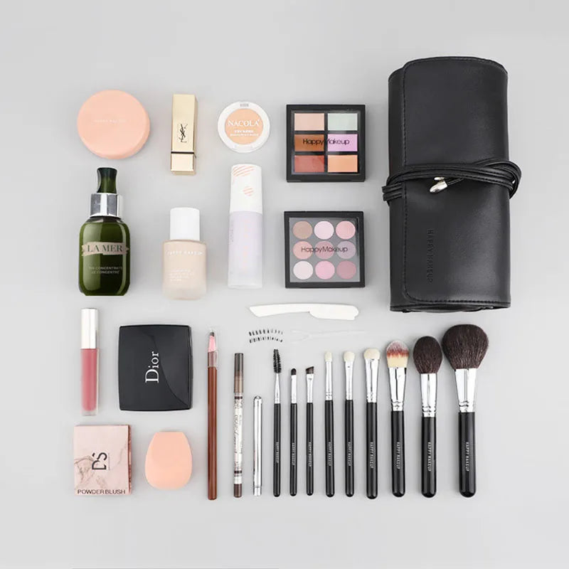 PU Leather Roll-Up Makeup Brush Bag | Cylinder Travel Case Makeup Brush Bag QXL