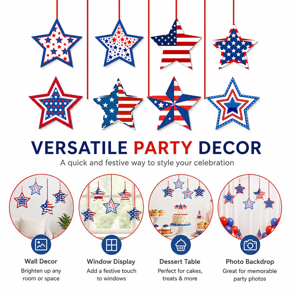 8-Pack 4th of July Hanging Star Ornaments | Red White Blue Party Hanging Ornaments QXL