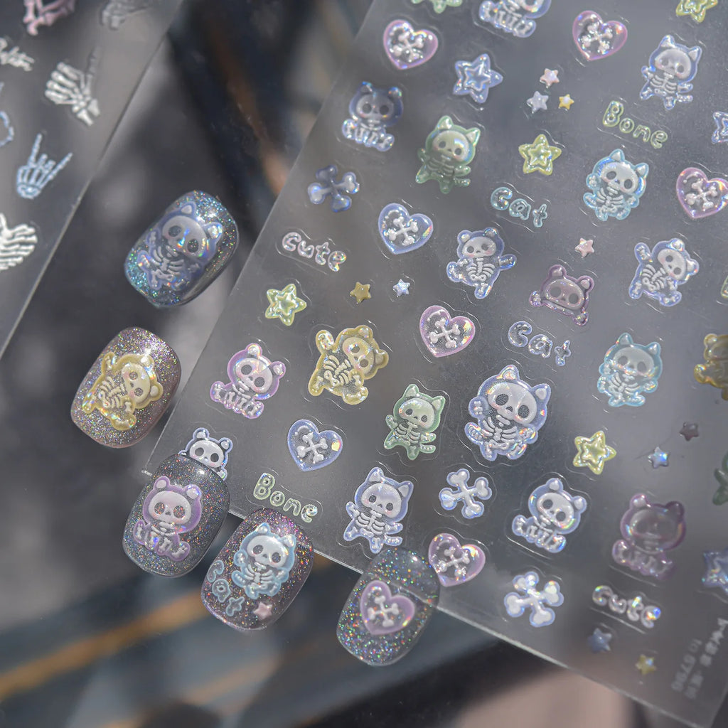 5D Holographic Y2K Nail Stickers | Gothic Cat Skull Heart Decals Nail Art Stickers QXL