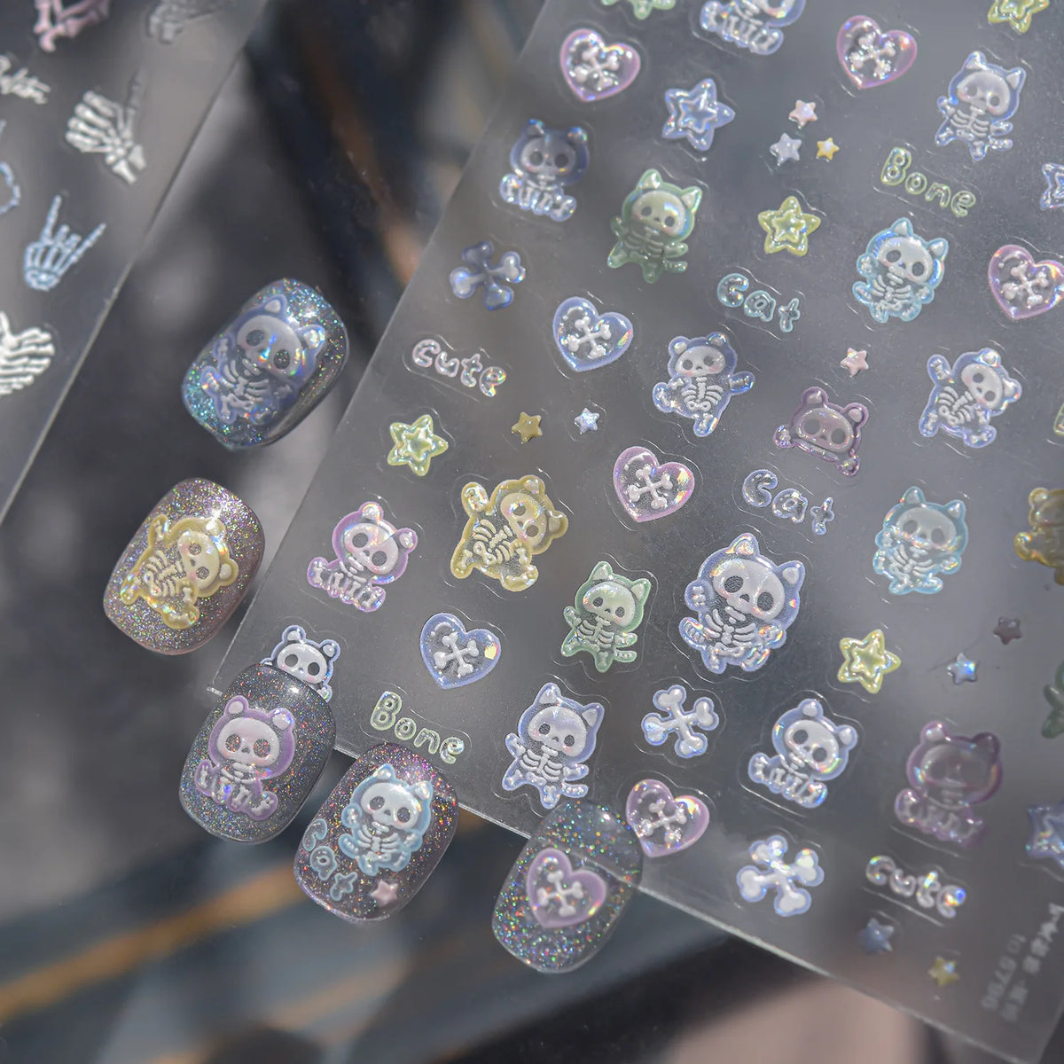 5D Holographic Y2K Nail Stickers | Gothic Cat Skull Heart Decals Nail Art Stickers QXL