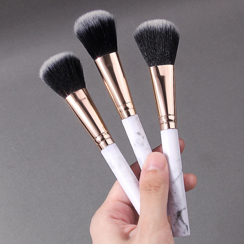 3-Piece Powder & Blush Brush Set | Marble Handle Rose Gold Makeup Brush Set QXL