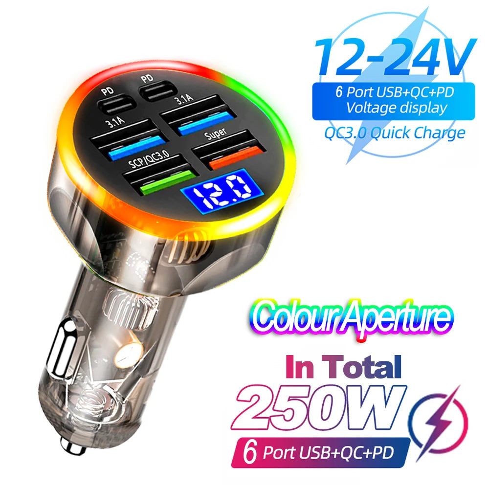250W 6-Port Fast Car Charger PD USB-C + USB-A | QXL Car Charger Adapter QXL Transparent