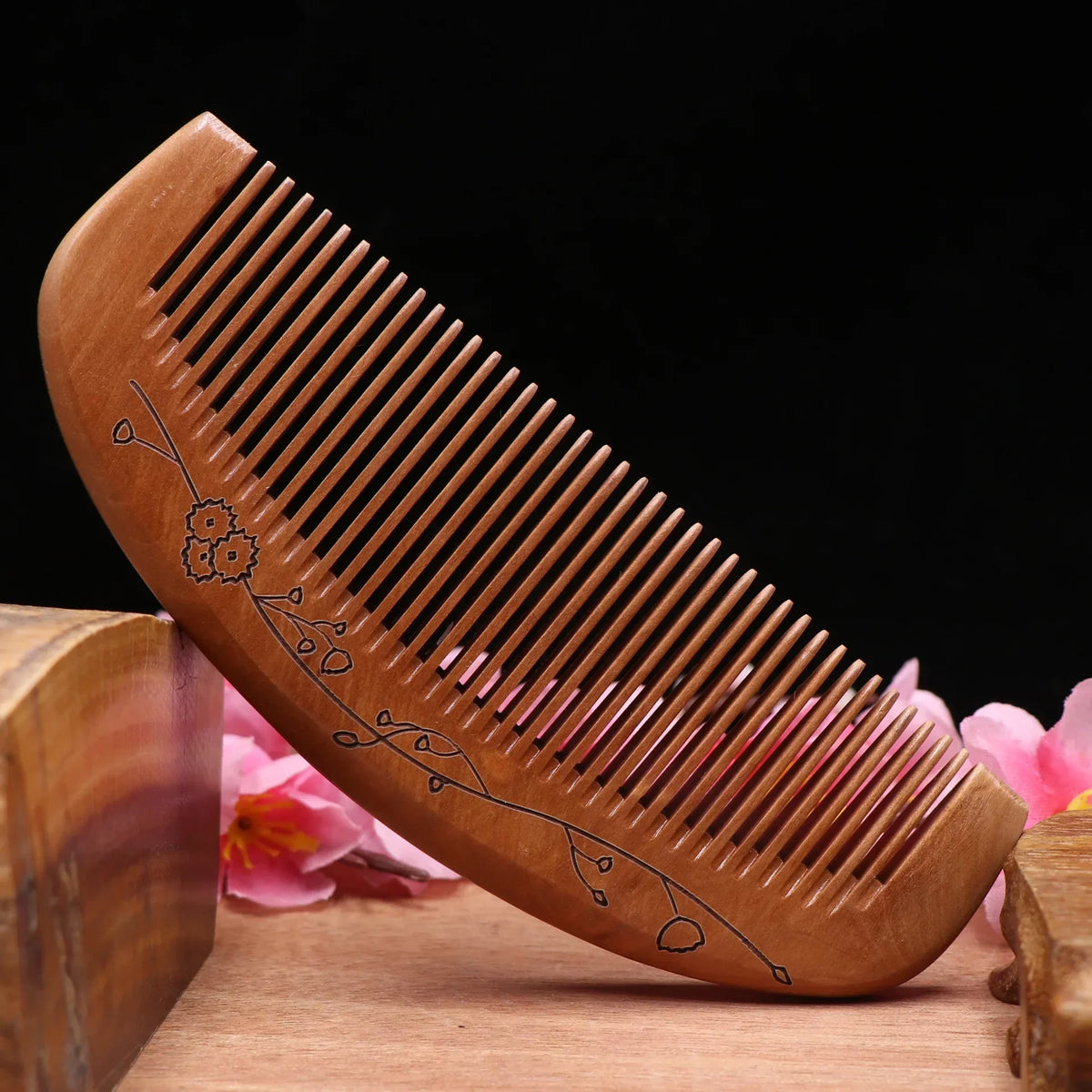 Carved Peach Wood Anti-Static Hair Comb | Gift Idea Wooden Hair Comb QXL
