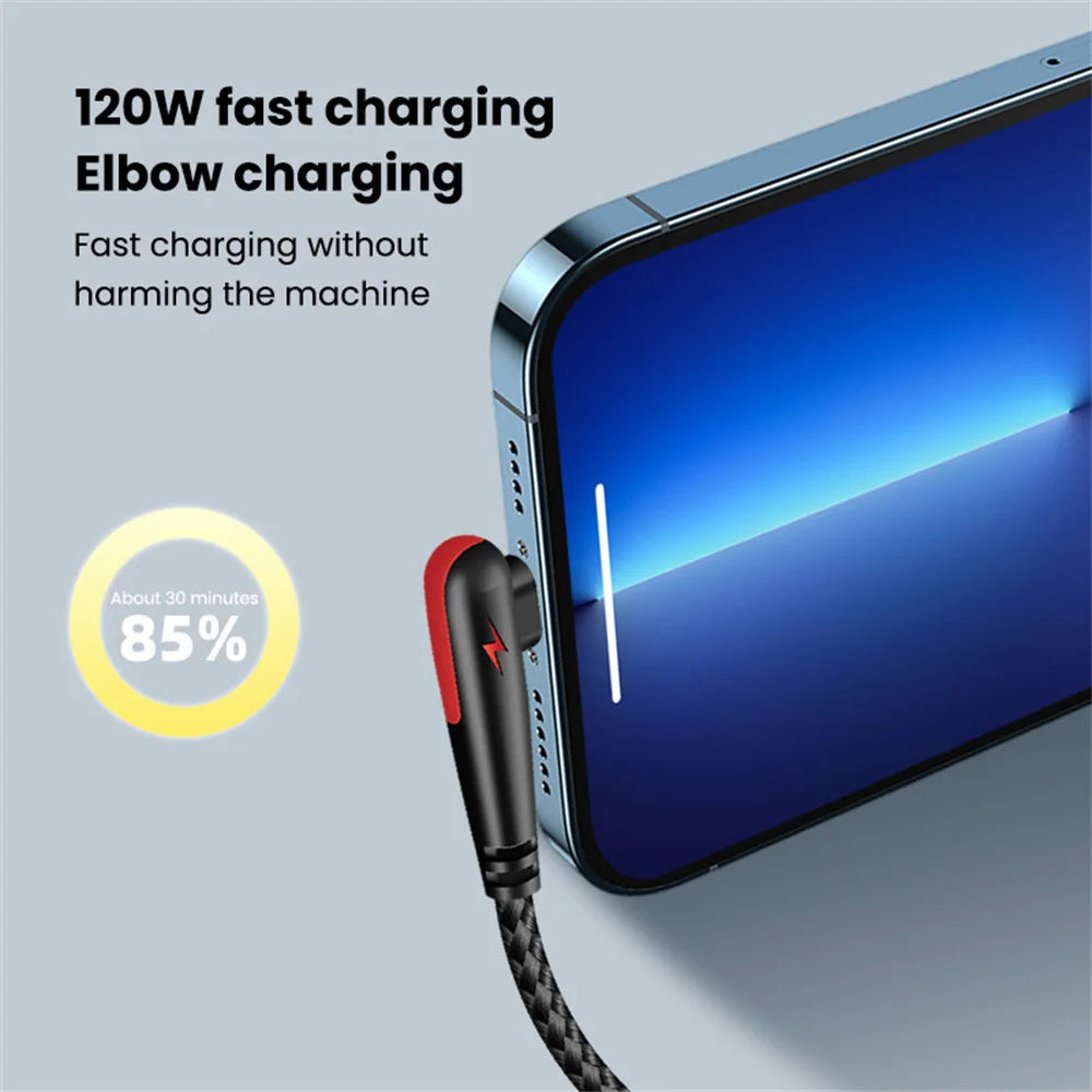 90° Elbow 120W USB-C Fast Charging Cable | 6A Braided Cord USB-C Charging Cable QXL