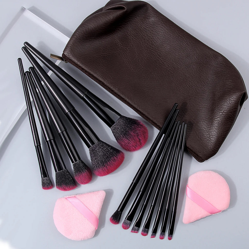 15-Pc Makeup Brush Set with PU Bag & Pink Powder Puffs Makeup Brush Set QXL