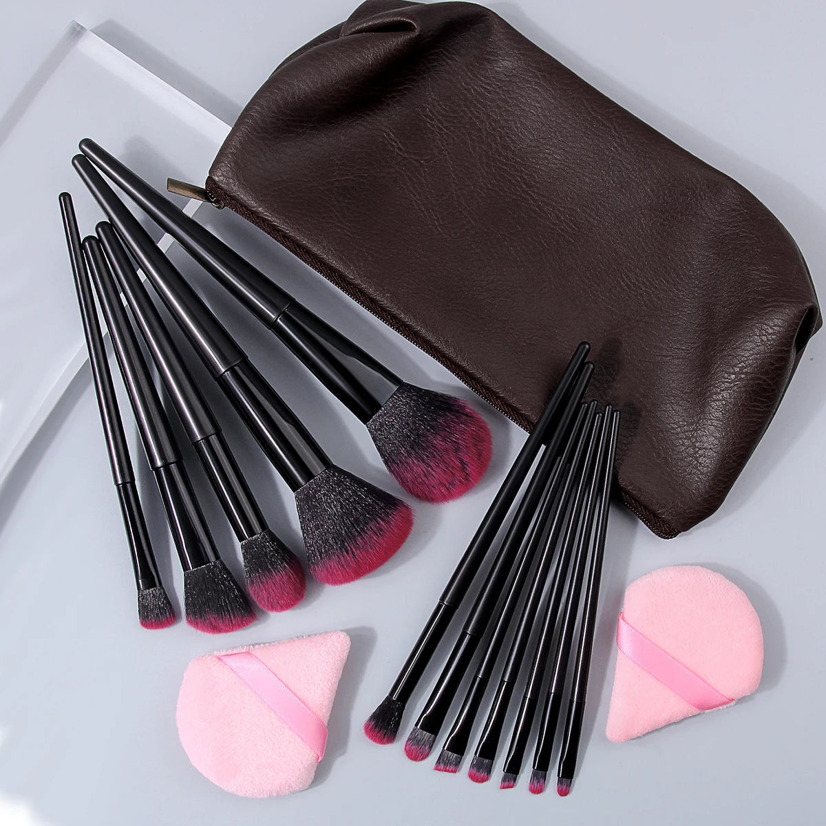 15-Pc Makeup Brush Set with PU Bag & Pink Powder Puffs Makeup Brush Set QXL