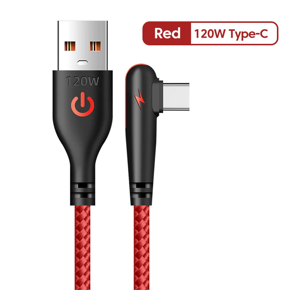 90° Elbow 120W USB-C Fast Charging Cable | 6A Braided Cord USB-C Charging Cable QXL Red For Type C 1m
