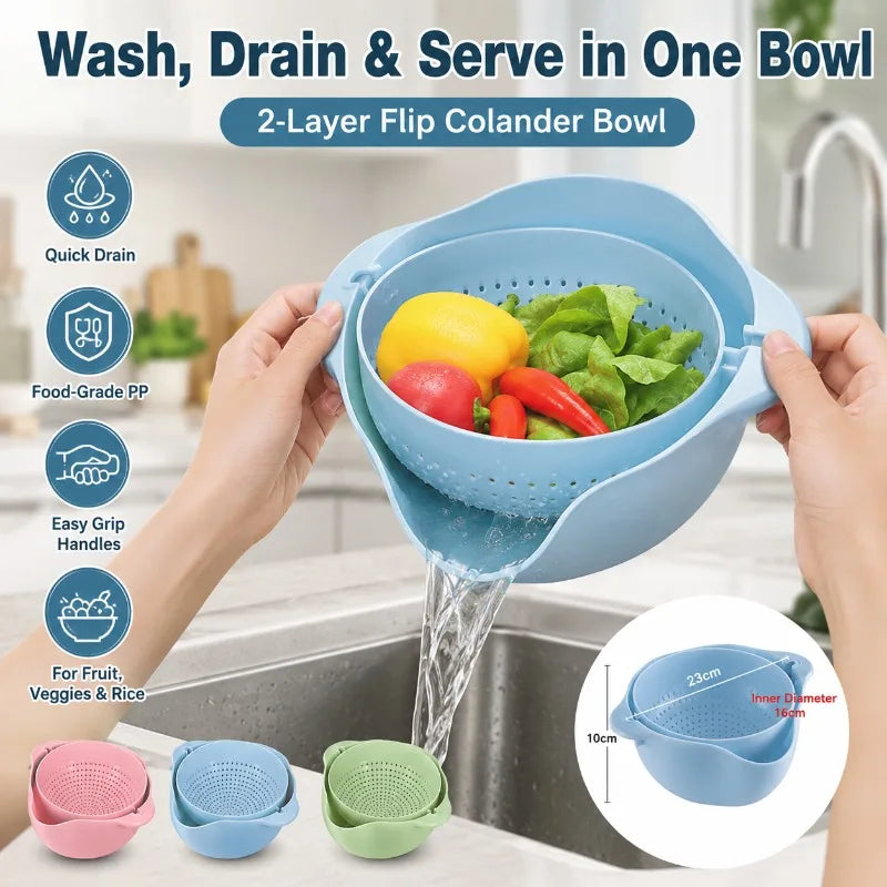 2-Layer Flip Colander Bowl | Kitchen Drain Basket Kitchen Colander Bowl QXL