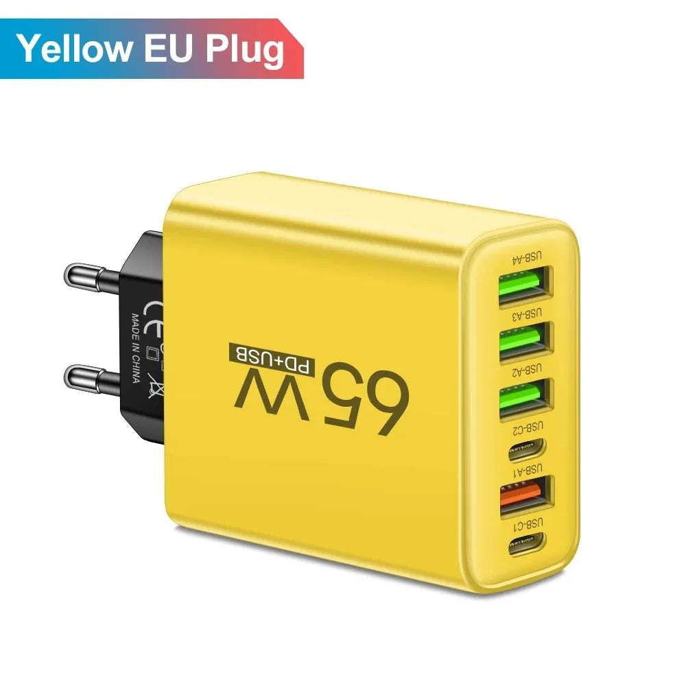 65W 6-Port USB-C Fast Wall Charger | EU & US Plug USB Wall Charger QXL Yellow EU Plug