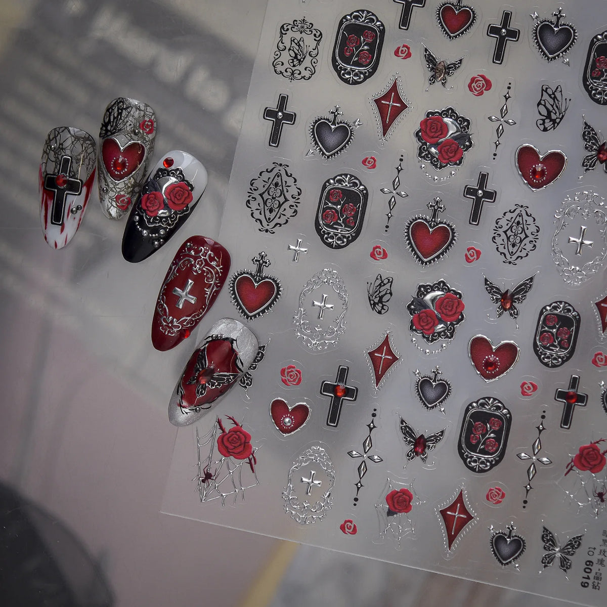 Gothic 5D Nail Stickers | Rose, Cross & Rhinestone Halloween Nail Art Stickers QXL