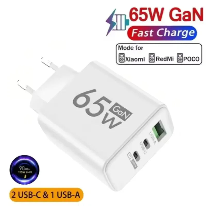 65W GaN USB-C Fast Charger USB PD QC3.0 | EU & US Plug GaN Wall Charger QXL