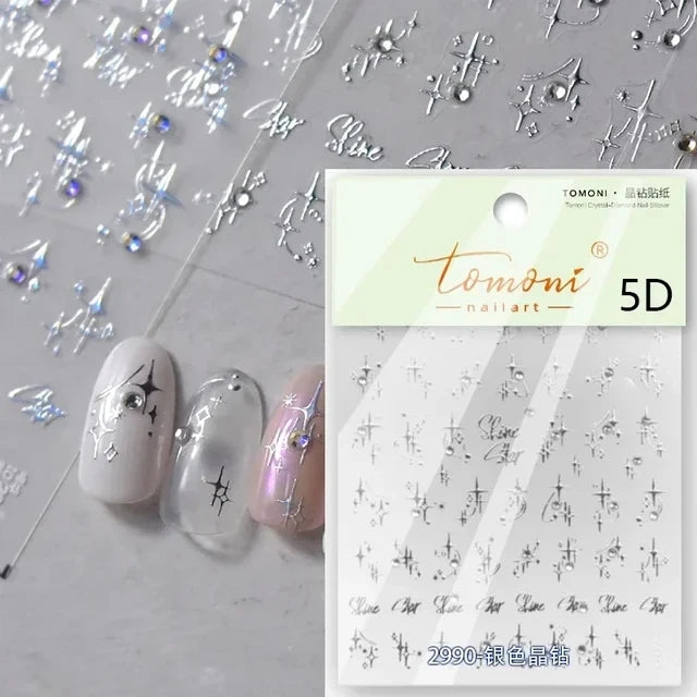 5D Laser Gold Silver Star Rhinestone Self-Adhesive Nail Stickers