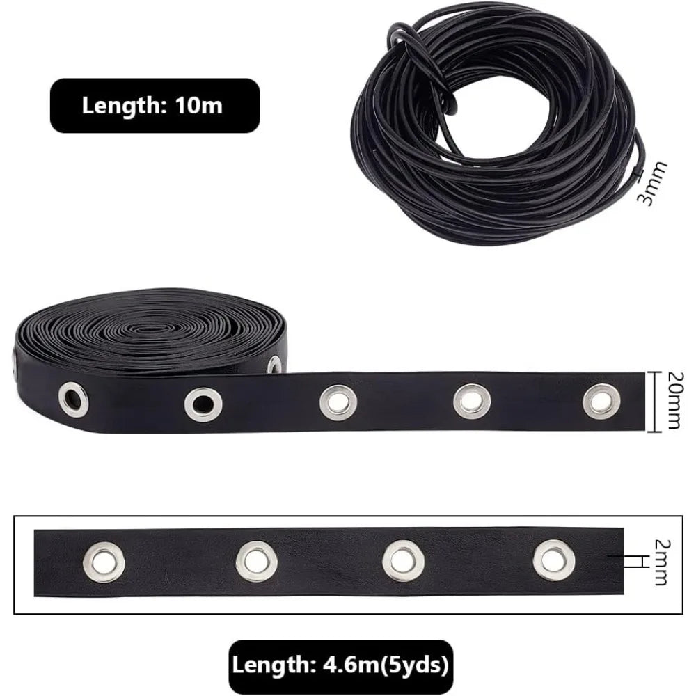 Black Leather Eyelet Grommet Tape 5 Yds + 10.9 Yd Cord Kit Eyelet Grommet Trim QXL