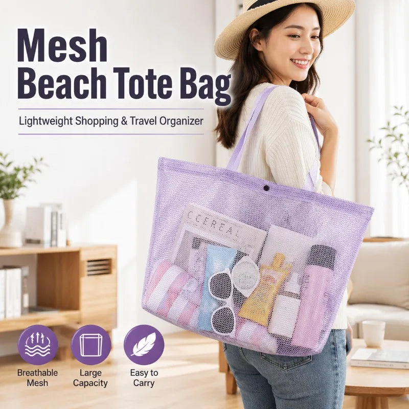Large Mesh Beach Tote Bag | Foldable Breathable Shoulder Bag Mesh Tote Bag QXL