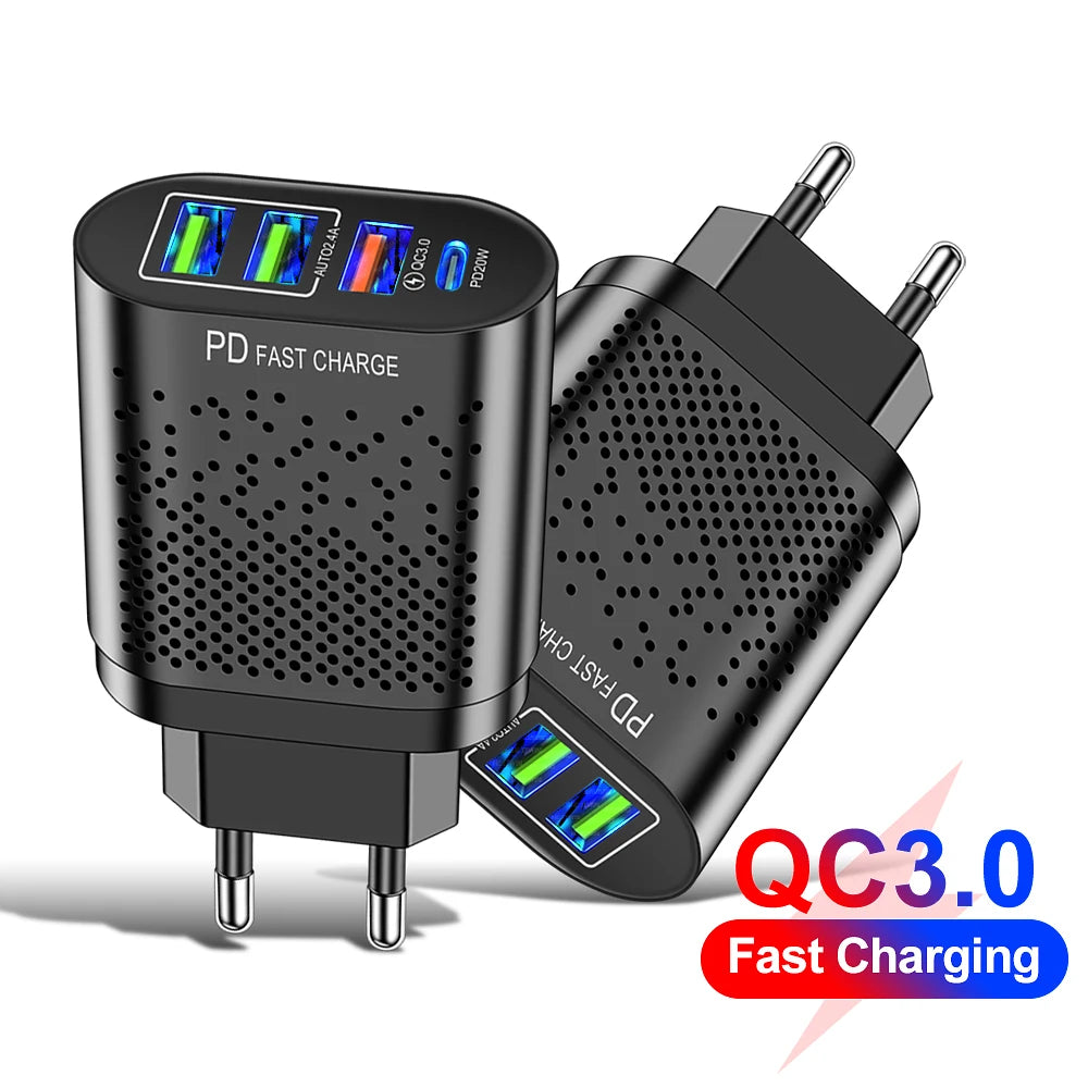 4-Port USB-C Wall Charger PD 20W & Quick Charge 3.0 USB Wall Charger QXL