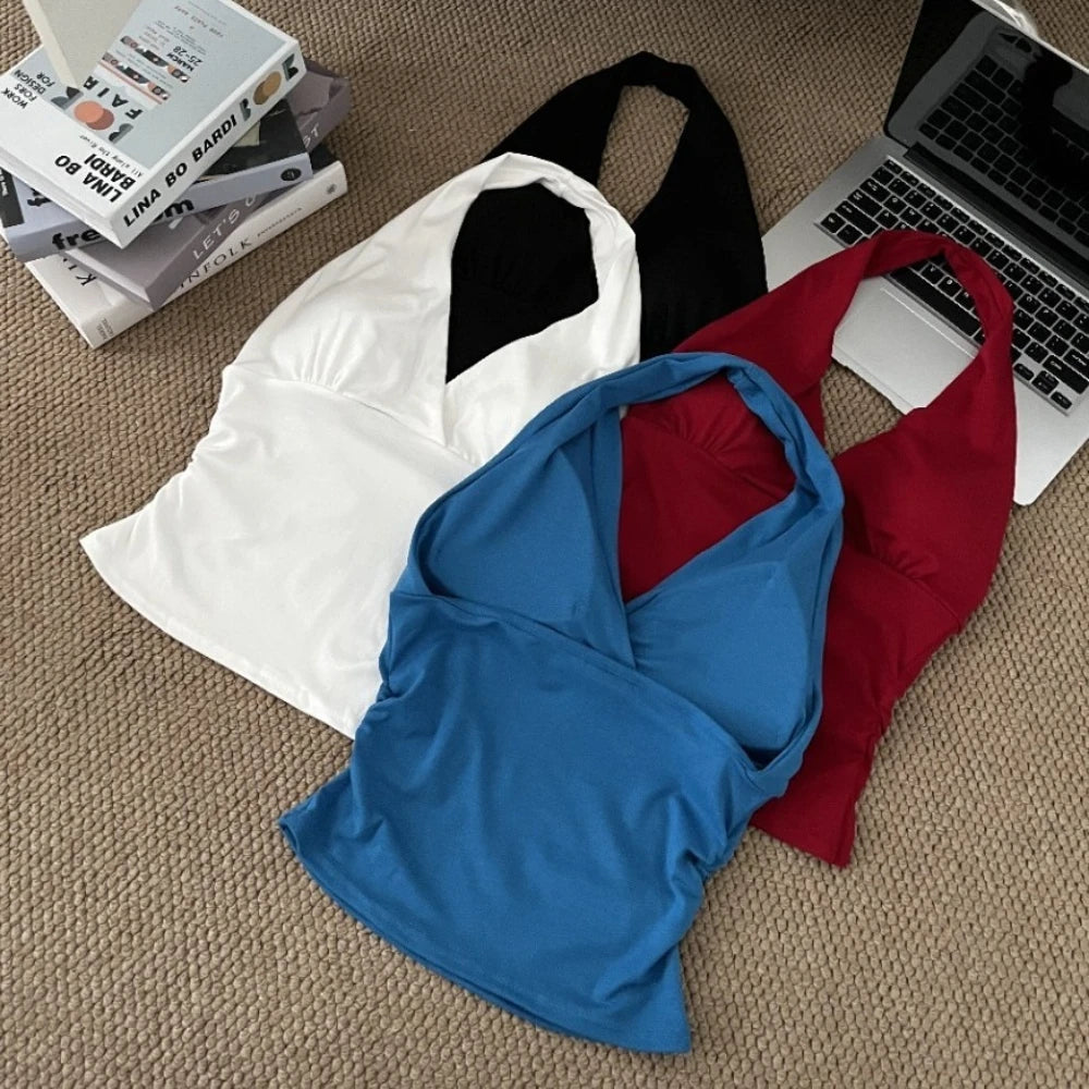 Women's Halter V-Neck Cami Top with Built-In Bra Pads Halter Cami Top QXL