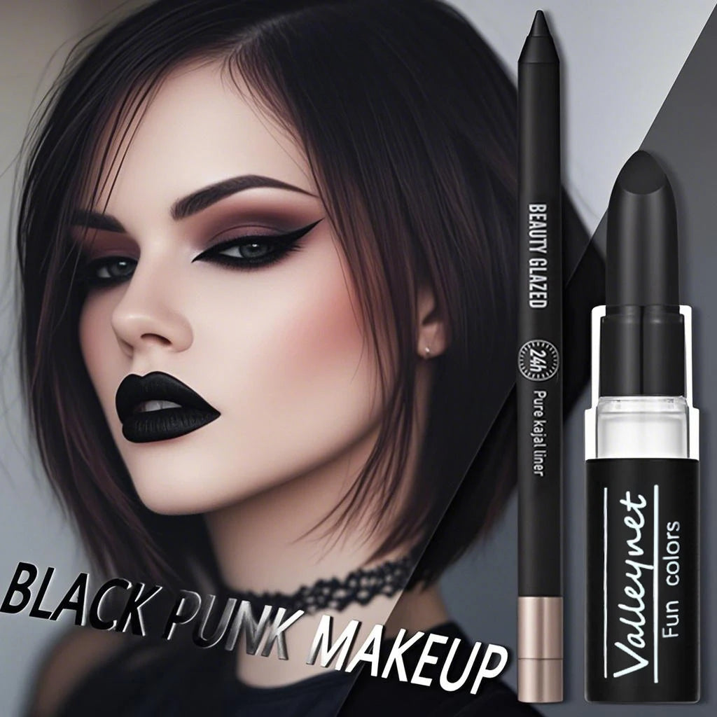 Dark Punk 3-Piece Makeup Set | Matte Black Lipstick & Eyeliner Makeup Set QXL