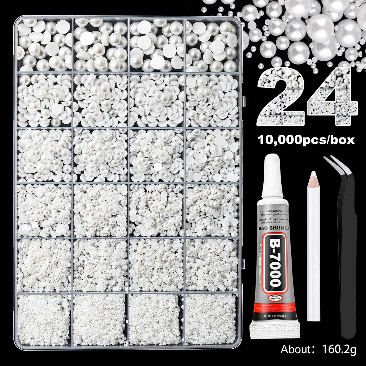 24-Grid AB Rhinestone Set | Mixed Flatback Gems 3–6mm DIY Nail Art Rhinestones QXL 24Grids White 10000Pcs