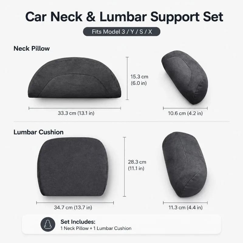 Tesla Car Neck Pillow & Lumbar Cushion Set | Model 3 Y S X Car Seat Cushion Set QXL