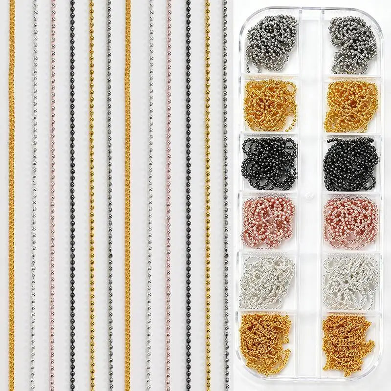 12-Grid Metal Nail Art Chains | Gold Silver Black Bead Set Nail Art Chains QXL
