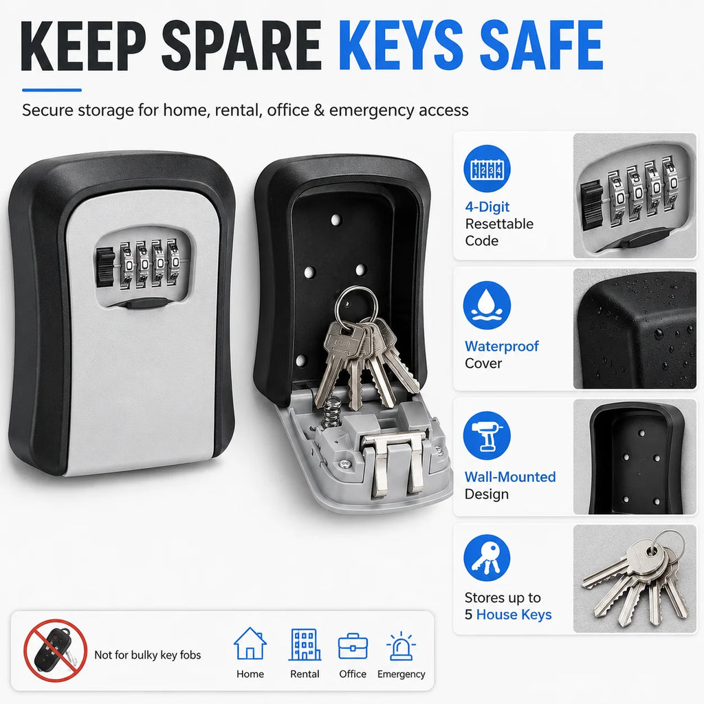 Wall Mounted 4-Digit Combination Key Lock Box | Outdoor Safe Key Lock Box QXL