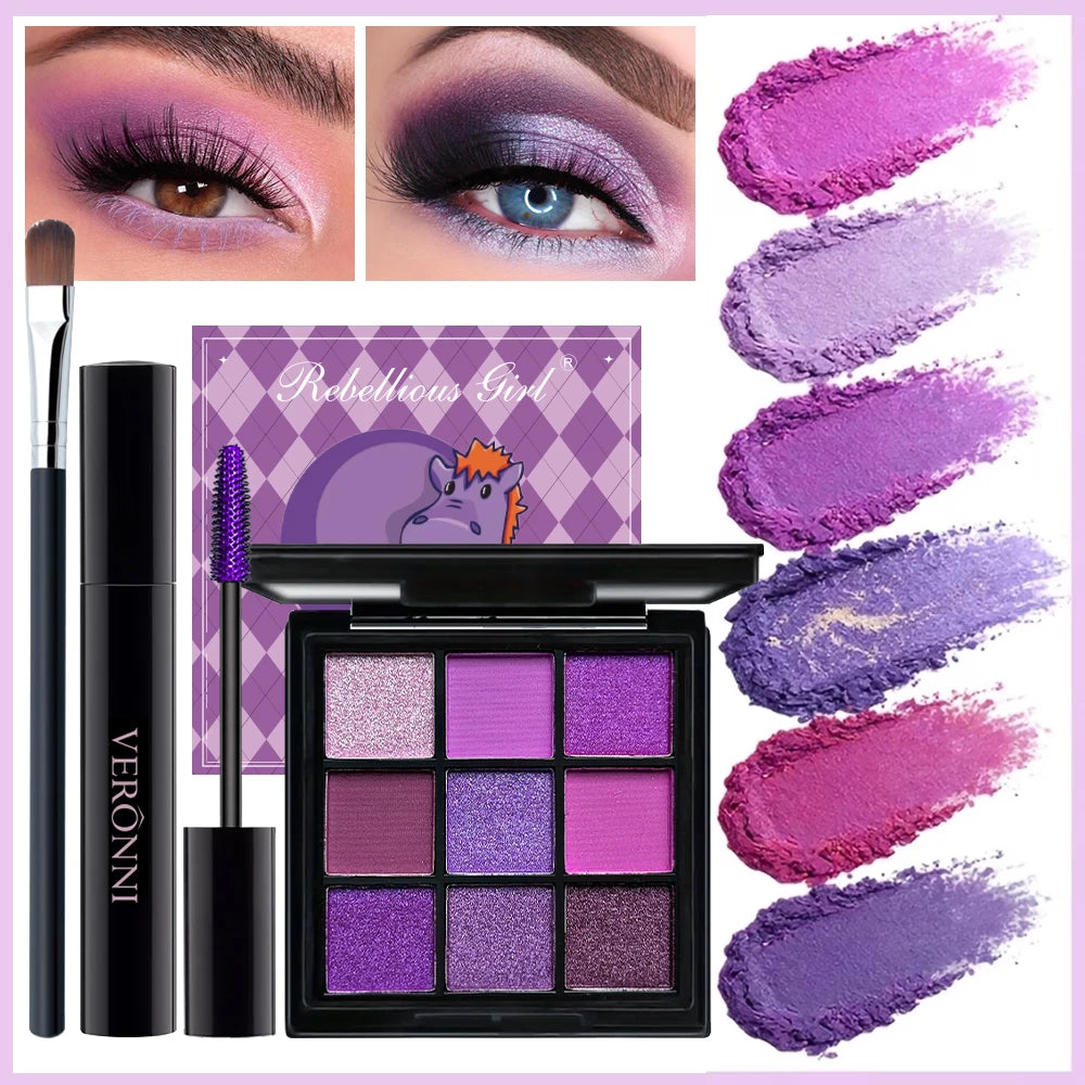9-Shade Purple Eyeshadow Palette, Mascara & Brush Set Eye Makeup Set QXL