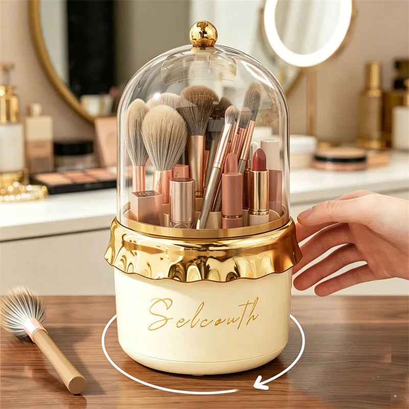 360° Rotating Makeup Brush Holder with Lid | 6-Grid Organizer Makeup Brush Organizer QXL