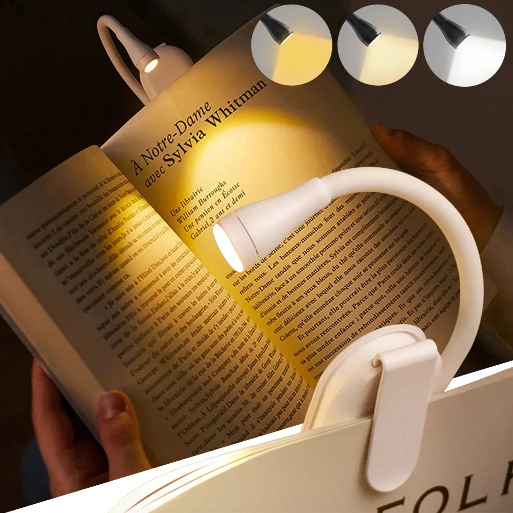 Rechargeable 3-Color Mini LED Clip Book Light | 360° Flex Neck Clip-On Book Light QXL