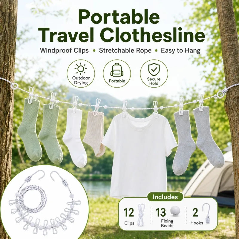 Portable Travel Clothesline – 12 Windproof Clips & Hooks Travel Clothesline QXL