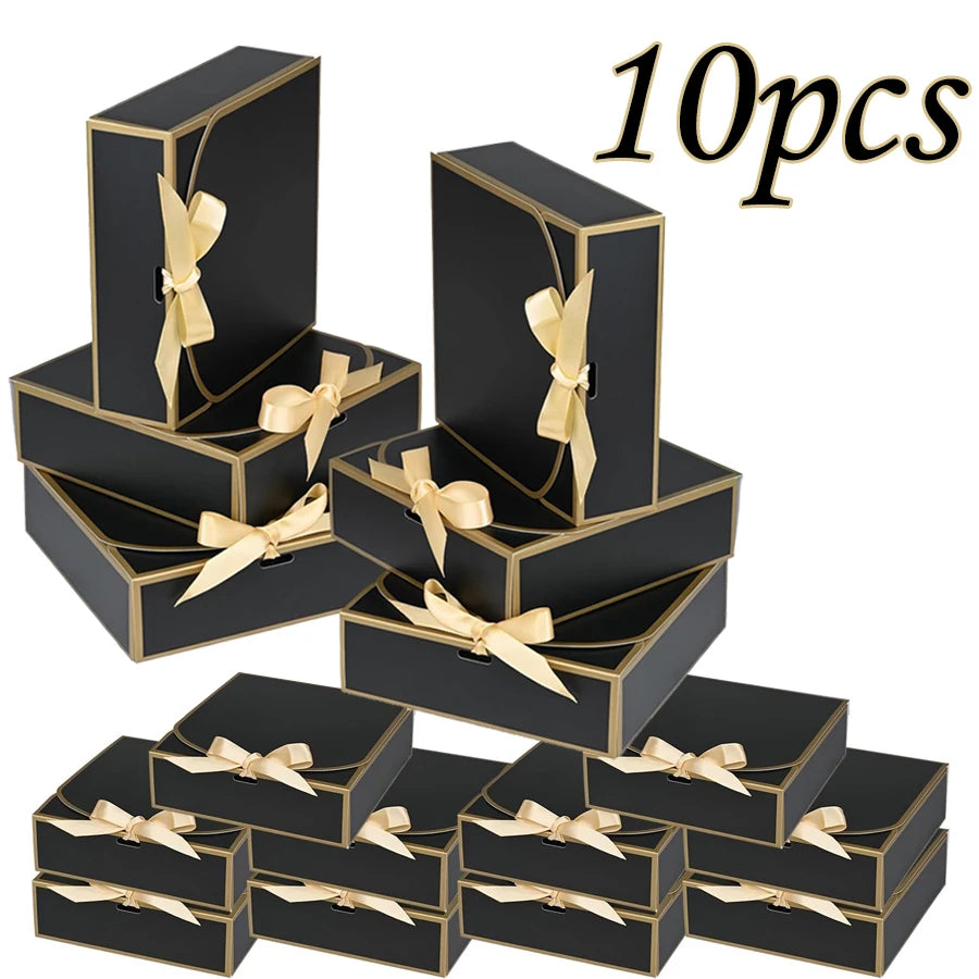 10-Pack Black Gift Boxes with Gold Trim & Ribbon 6.5"x6.5"x2" Gift Boxes QXL 10pcs 16.5x16.5x5cm