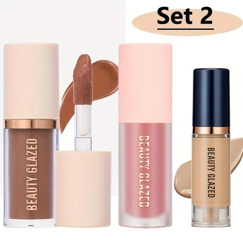 Beauty Glazed 3-Pc Waterproof Makeup Set – Blush, Contour & Foundation Liquid Makeup Set QXL SET 2