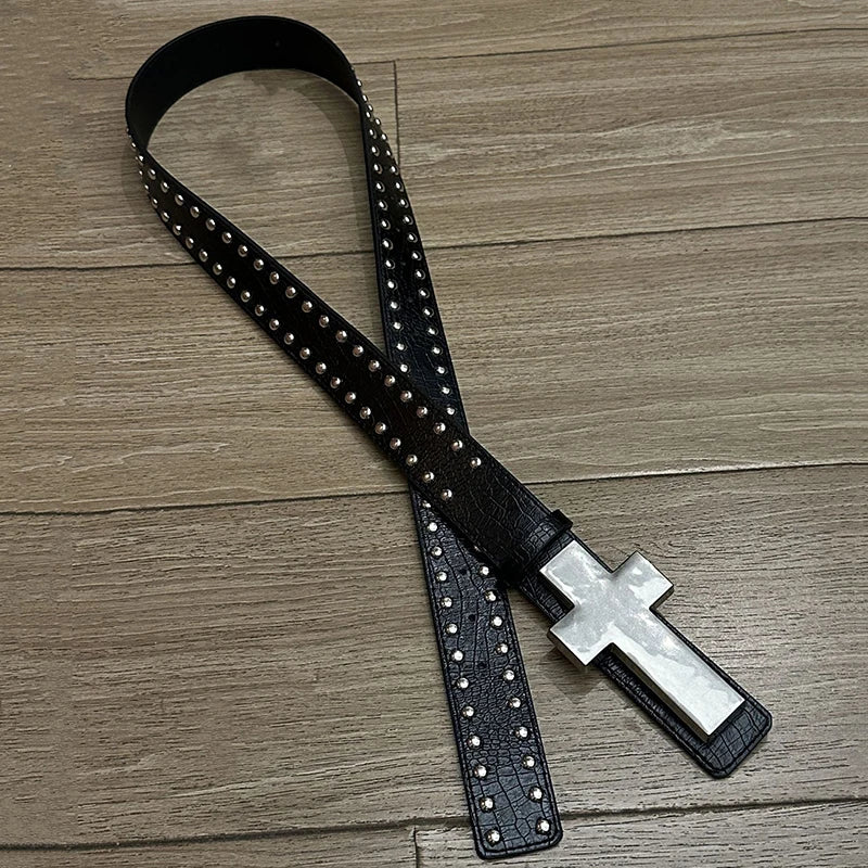 Gothic Punk Crackle Studded Cross Belt | Women's PU Wide Band Gothic Studded Belt QXL