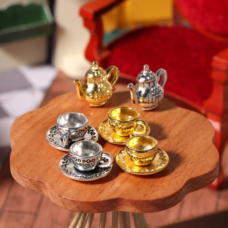 1:12 Dollhouse Miniature Metal Tea Set – Teapot Cup & Saucer Dollhouse Miniature Set QXL