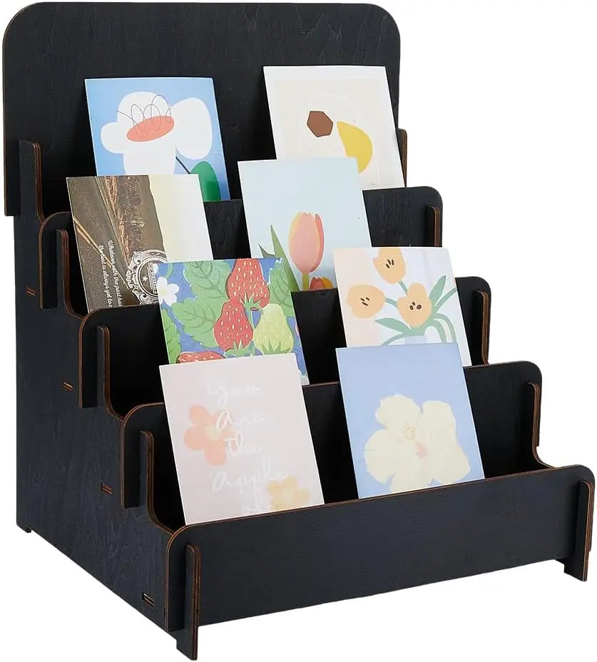 4-Tier Wooden Greeting Card & Brochure Display Stand – Black Card Display Stand QXL AECH04-12929