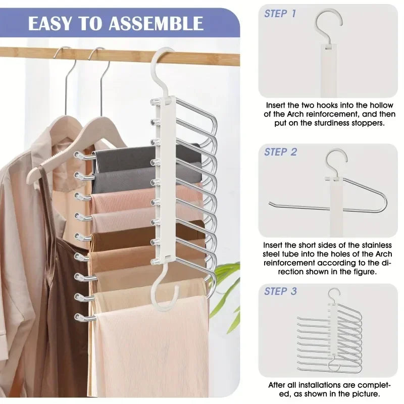9-Tier Stainless Steel Pants Hanger | Space-Saving Closet Organizer Pants Hanger Organizer QXL