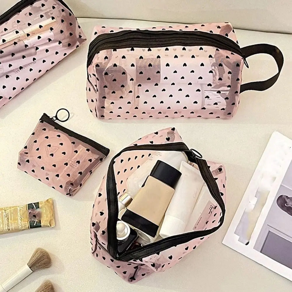 Heart Mesh Makeup Bag – Portable Cosmetic Organizer Black Pink Cosmetic Organizer Bag QXL