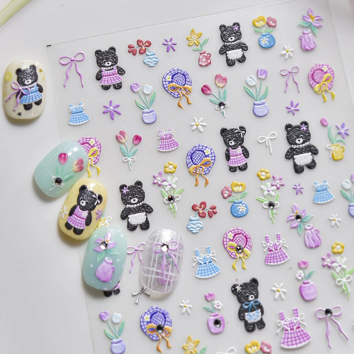 5D Black Bear Nail Art Stickers – Spring Tulip Garden Decals Nail Art Stickers QXL