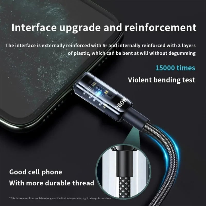 240W USB-C Fast Charging Cable with LED Display | Nylon Braid USB-C Charging Cable QXL