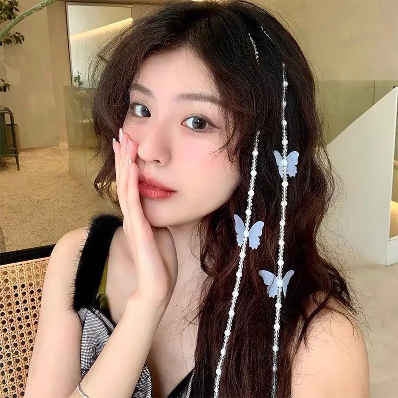 Butterfly Crystal Hairpin & Beaded Braid Hair Chain Clip Crystal Hair Clip QXL