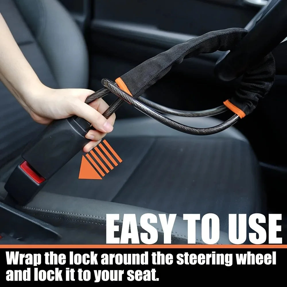 Steering Wheel & Seat Belt Lock | Cut-Proof Anti-Theft Cable Steering Wheel Lock QXL
